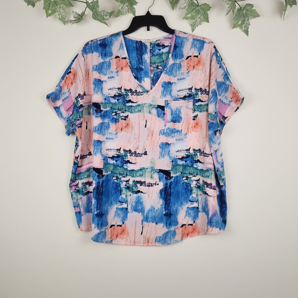 Jodifl Size S Oversized V Neck Short Sleeve Pink Blue Artsy Abstract Top Blouse